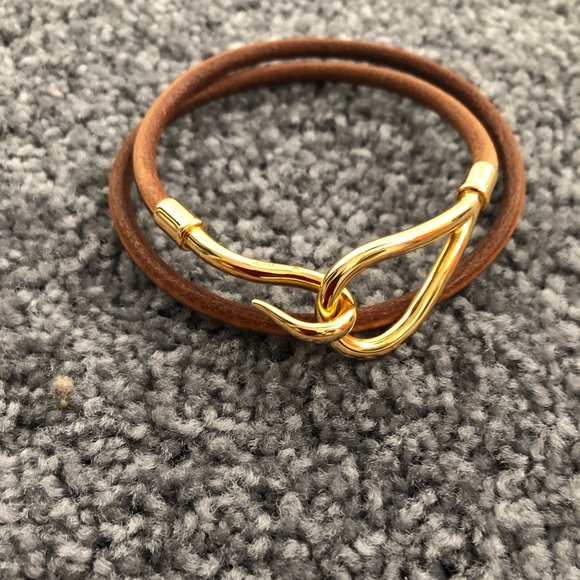 Hermes Jewelry - Hermes gold tone jumbo hook double tour leather wrap bracelet. Authentic